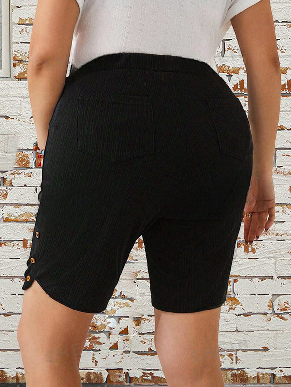 Plus Size Decorative Button Slim-Fit Shorts