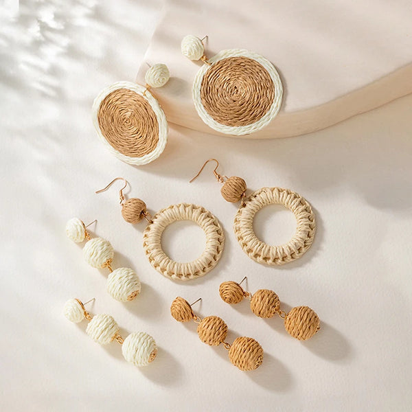 White Brown Rattan Knit Raffia Drop Earrings