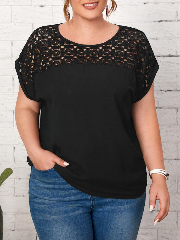 Plus Guipure Lace Yoke Cuffed Sleeve Top