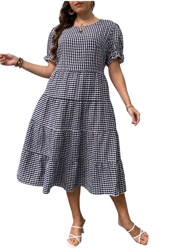 Plus Gingham Print Puff Sleeve Ruffle Hem Dress