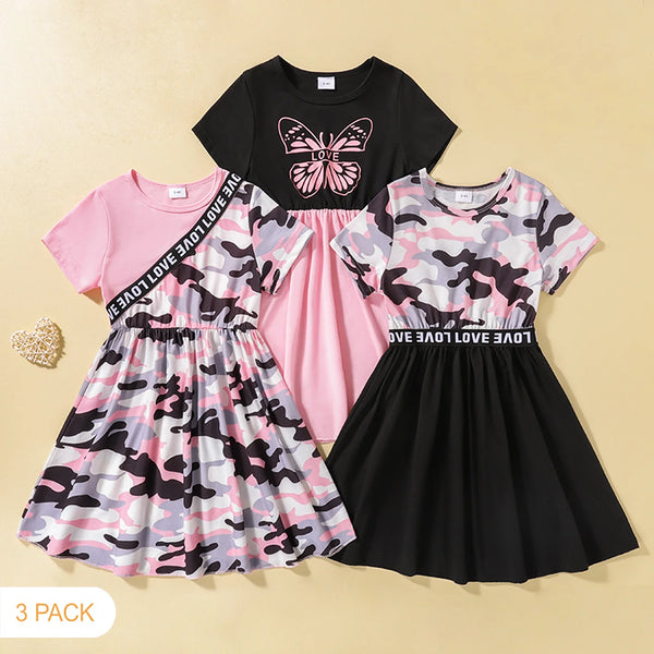 3-packGirl Solid Short Long-Dress Set