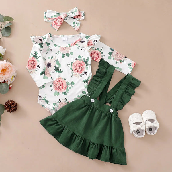 Baby Girl Clothes Set Flowers Print Long Sleeve Romper Top Suspender Skirt  Lovely Outfit