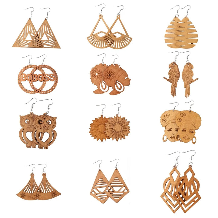 12 Pairs Wooden Dangle Earrings