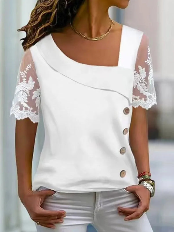 White Lace Short Sleeve Tops