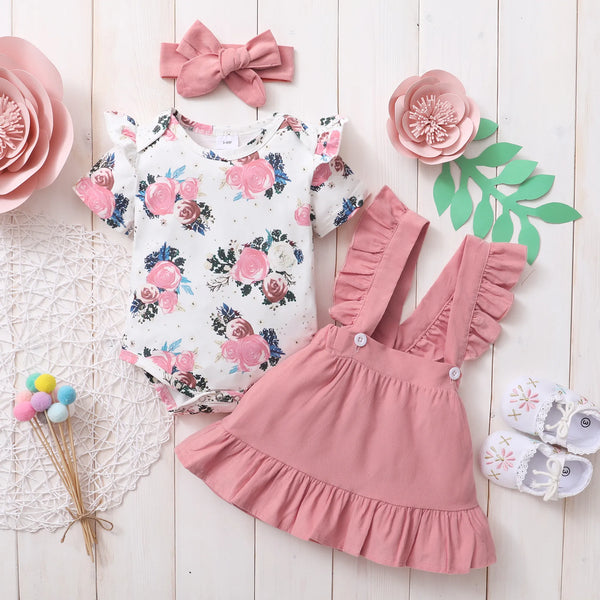 Baby Girl Dress Baby Princess Dress Short Sleeves Floral Bodysuit + Suspender Skirt + Headband 3PCS Outfit