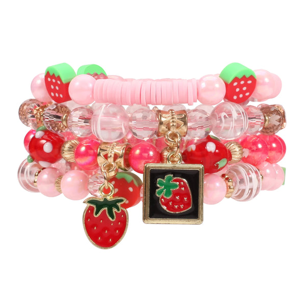 Strawberry Pendant Pink Beads Multilayer Stretch Bracelet For Women