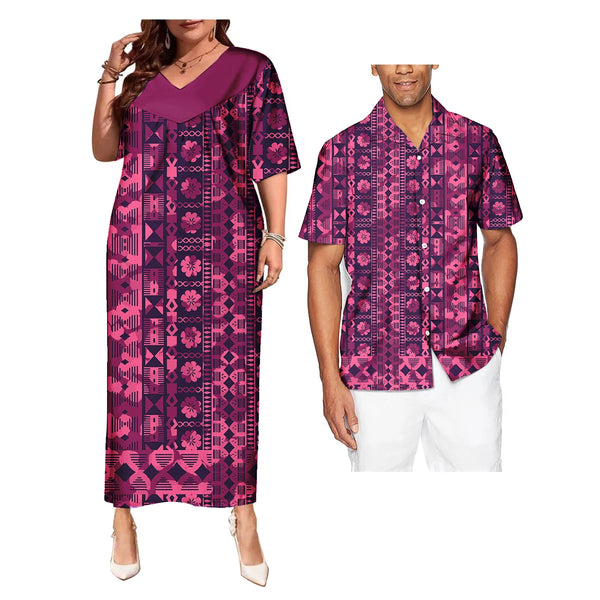 Elegant Women Maxi Dress And Hawaii Formal Men's Shirts Polynesian Couple Of Set