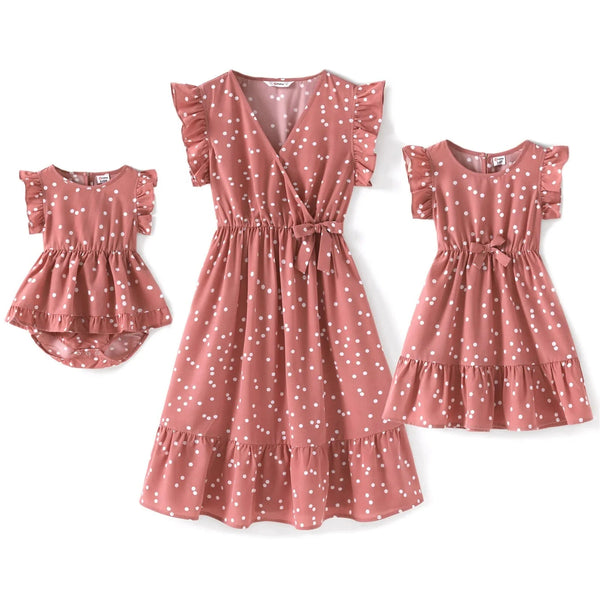 Family Matching Outfits Dots Pink Cross Wrap V Neck Ruffle Flutter-sleeve Dresses