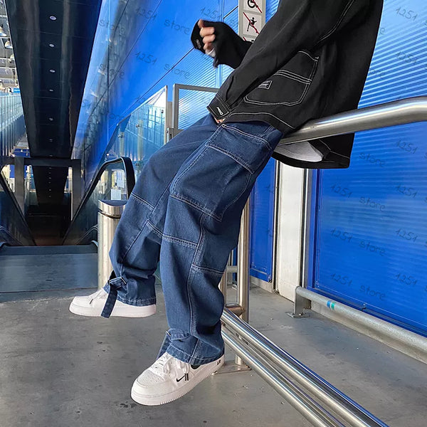 Men Jeans Wide Leg Denim pants Loose Straight Baggy Pants