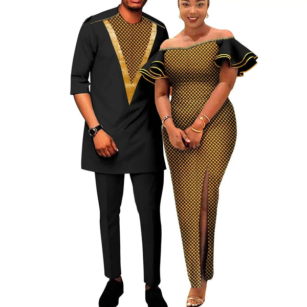 African Dresses for Women Ruffles Sleeve Fit Dresses Matching Couple Outfits