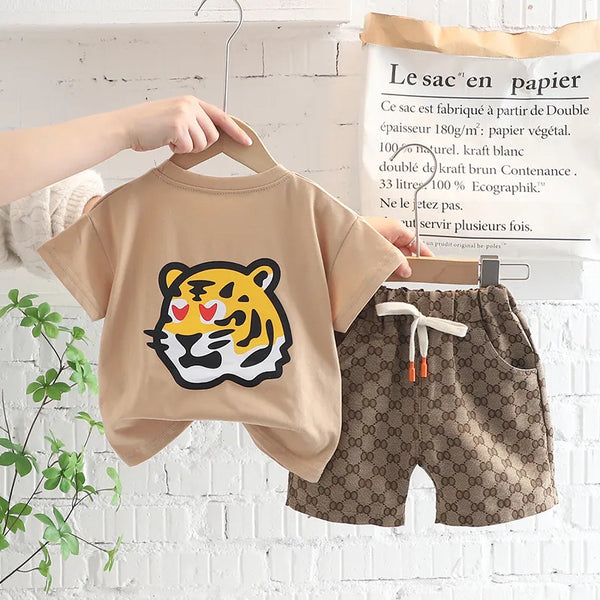 Boys Clothing Set Tiger Pattern T-shirt + Grid Design Shorts