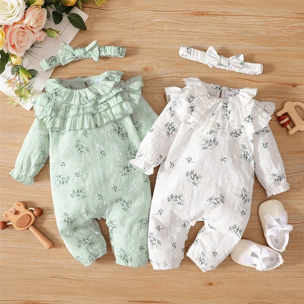 Baby Girl 2pcs Bodysuit Flowers Lotus Leaf Long Sleeve Jumpsuit with Headband