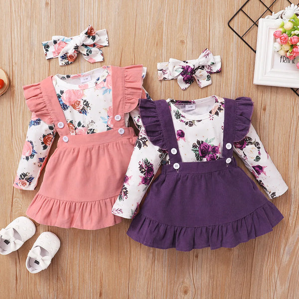 Baby Girl Clothes Set Floral Print Long Sleeve Romper Top + Suspender Skirt + Headband Cute 3PCS Outfit