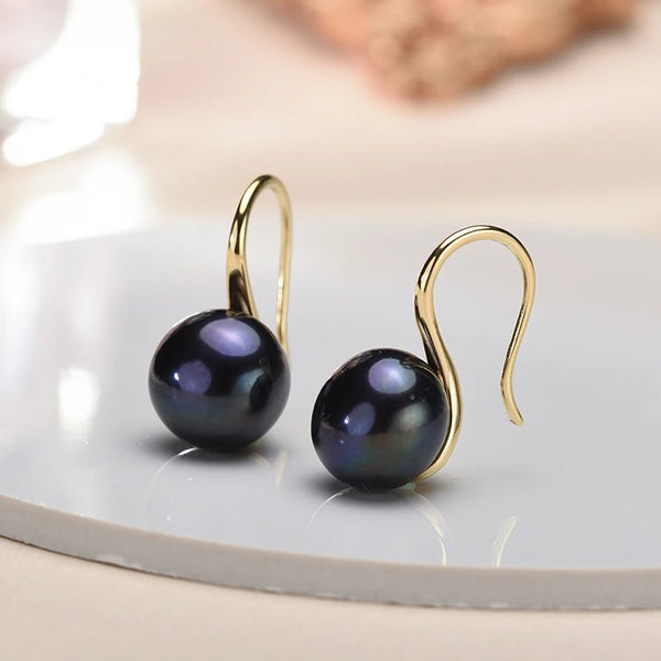 Big 9-10mm Black Natural Freshwater Pearl Earrings for Women Girl Gift