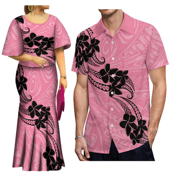 Women's Puletasi Dress Suit And Men's Short-Sleeved Shirt Polynesian Matching outfits