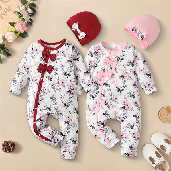 Baby Girl Long Sleeve Flower Bodysuit Lovely Outfit with Hat