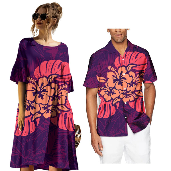 Print On Demand Monstera Leaf Elegant Ladies Dress Polynesian New Fashion Matching Couple Sets