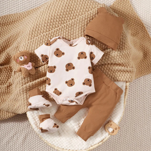 Baby Boy 4PCS Clothing Set Bear Print Short Sleeve Bodysuit+Pants+Hat+Sock Cute Outfit