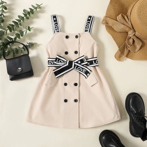 Girl Button Design Belted Strap Sleeveless Suspenders Dress