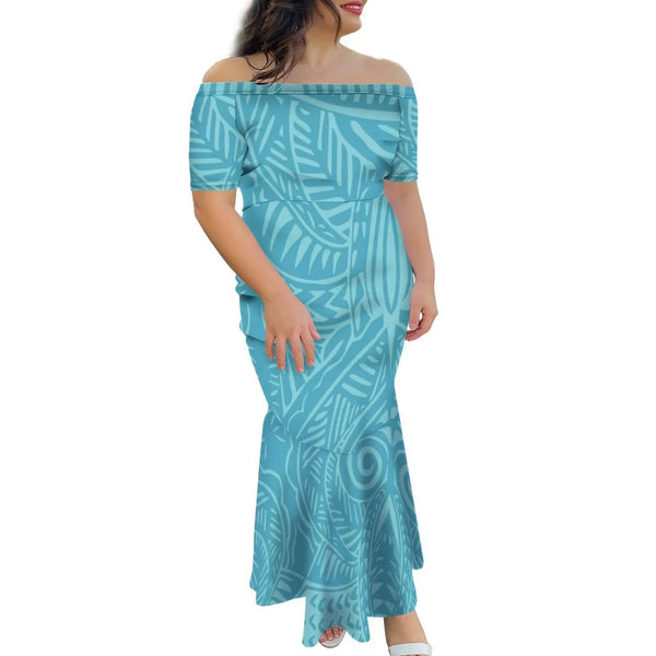 New Polynesian Tribal Design Tapa Floral Print Off Shoulder Dresses