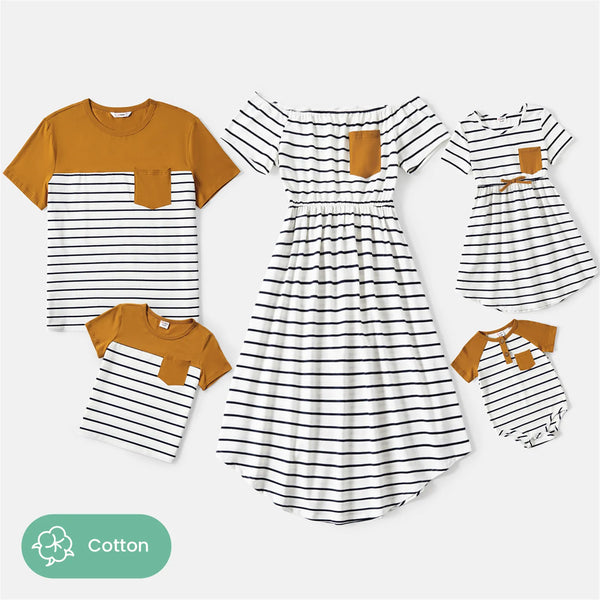 Family Matching Outfits Striped Off Shoulder Belted Dresses and Short-sleeve T-shirts Sets