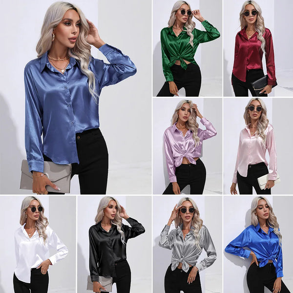 Satin Long Sleeve Solid Blouse