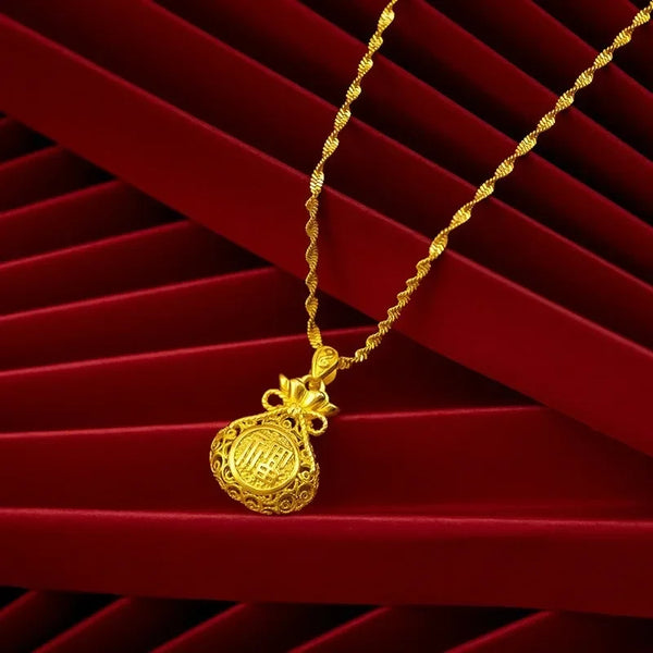 9999 real gold 24K yellow gold Filament Hollow Bag Pendant Necklace