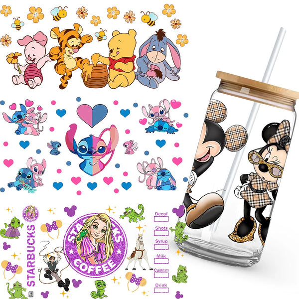 Mickey Minnie Cartoon Princess Winnie Little Bear Stitch High-Quality Wraps 16oz Glass Cup UV DTF Wrap Transfer Decals