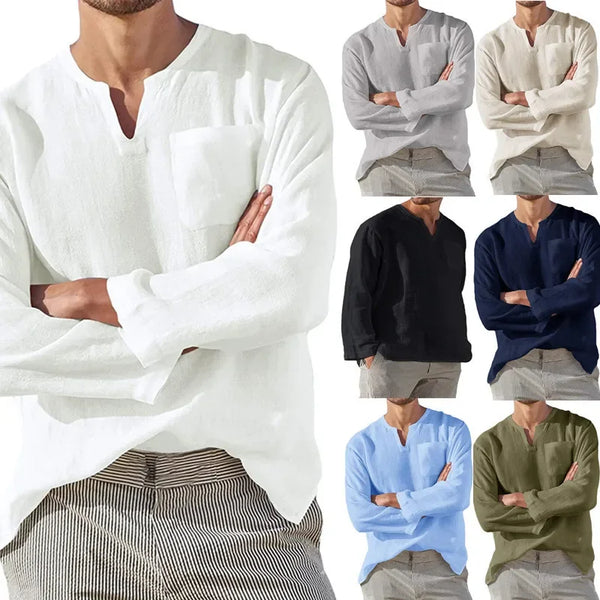 New Linen Shirt Men Brief Breathable Comfy Solid Color Long Sleeve