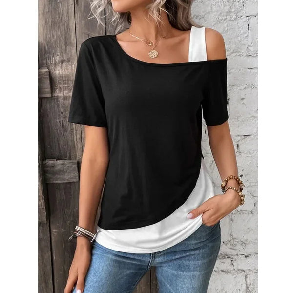 Chic Color Blocking Short Sleeved Women Solid Color Off Shoulder Asymmetric T-Shirt