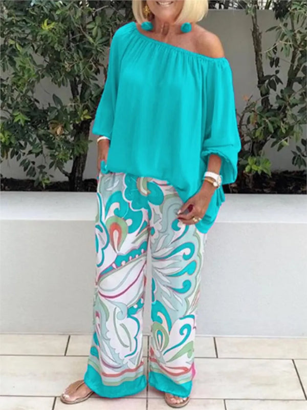 Leisure Printed Wide Leg Trousers + Shirt Two Pieces