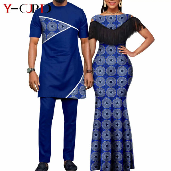 African Dresses for Women Matching Couple Outfits Bazin Riche Dashiki Slim Tassel Print Long Dresses for Party