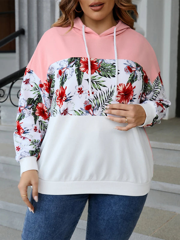 Plus Size Long Sleeve Floral Print Drawstring Hoodie