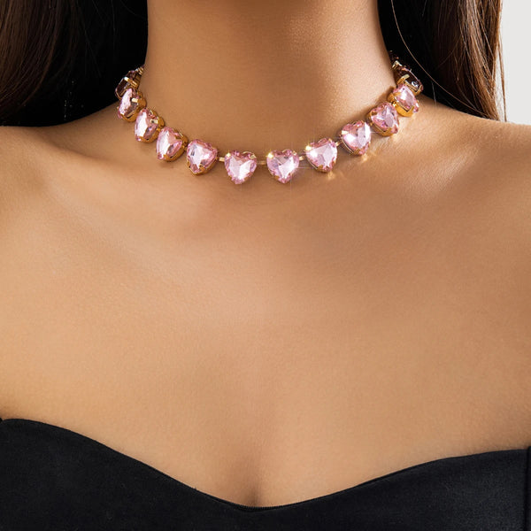 Pink Heart Crystal Short Choker Necklace f