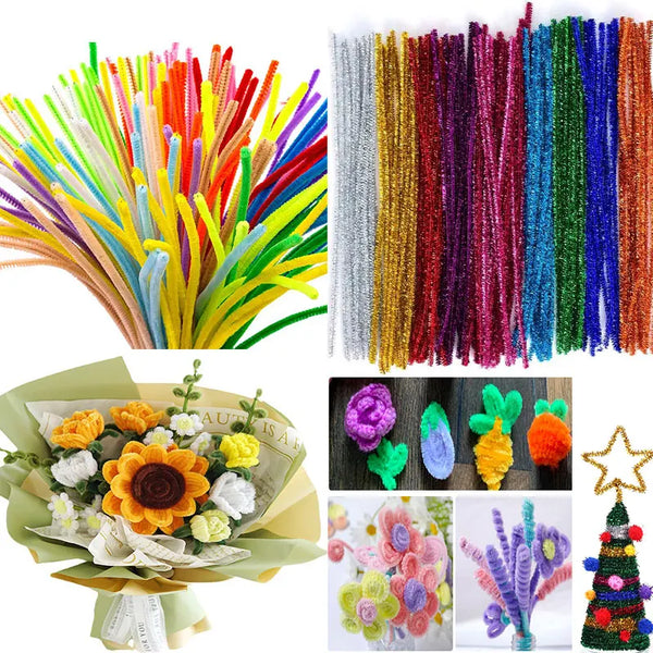 100pcs Glitter Chenille Stems Pipe Cleaners Plush Tinsel Stems Wired Sticks Kids Educational DIY Craft Supplies Toys Craft