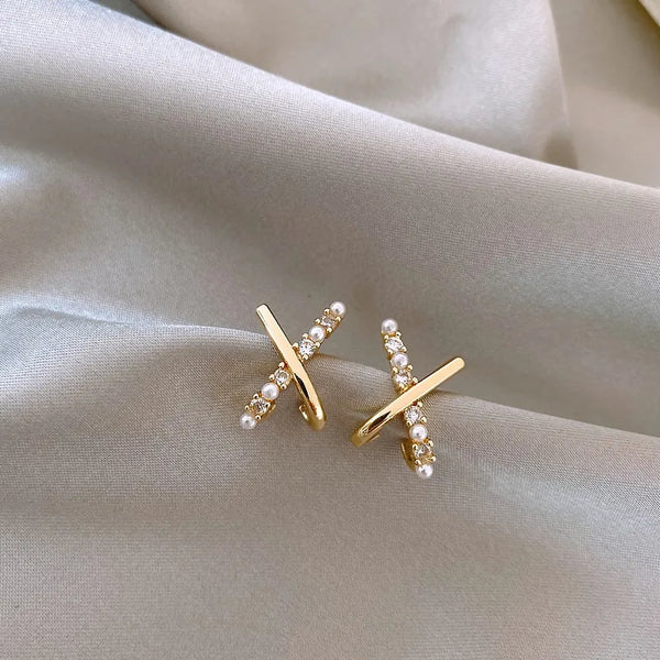 Small Cross X-shape Pearl Earring