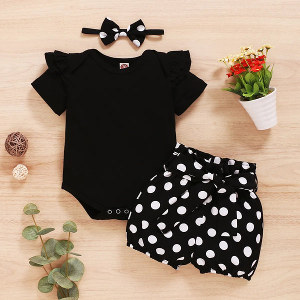 Baby Girl Set Black Short Sleeve Bodysuit + Polka Dot Shorts +Headband Newborn Baby Girl Summer Fashion 3Pcs