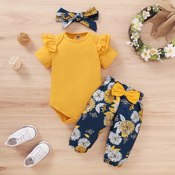 Baby Girls Clothing Set Infants Baby Girl Short Sleeve Bodysuit + Floral Pants with Bow + Headband 3PCS Outfit