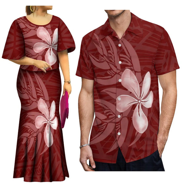 Women's Puletasi Dress Suit And Men's Short-Sleeved Shirt Polynesian Matching outfits