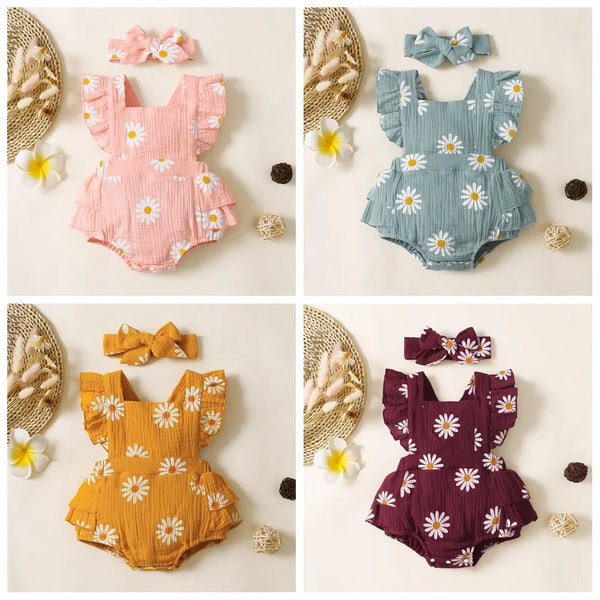 Infant Baby Girl Romper Clothes Ruffle Sleeveless Bodysuit with Headband Suit