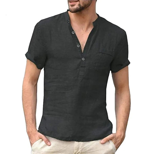 Short Sleeve V-Collar Breathable Men's Tee Button-up