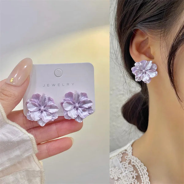 White, Purple Flower Stud Earrings