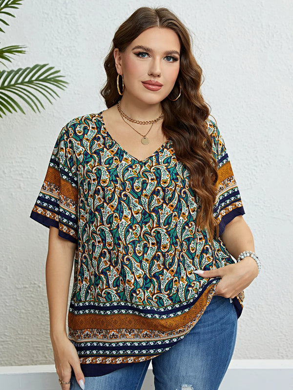 Plus Paisley Print V-Neck Straight  Loose Tops And Blouses