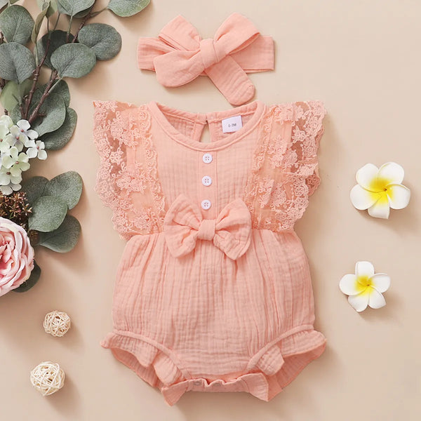 Baby Girl Plain Soft Bodysuit Lace Flared Sleeve Summer Romper with Headband Toddler Baby Girl Clothing