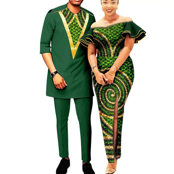 African Print Dresses for Women Ruffles Sleeve Fit Dresses Matching Couple Outfits