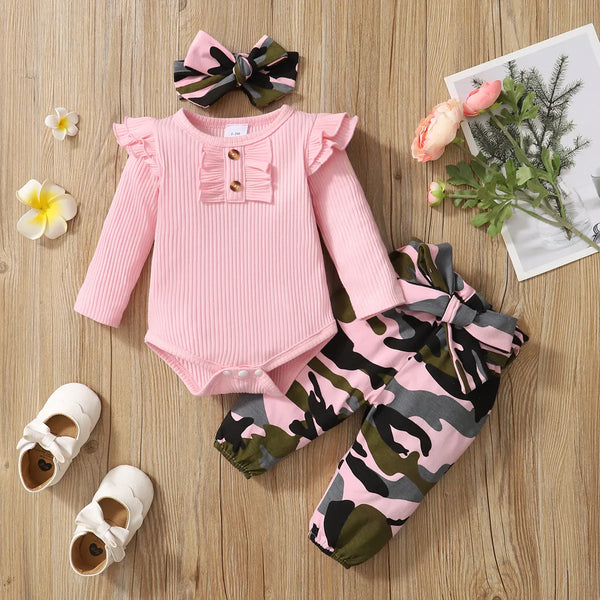 Baby Girl Set Long Sleeve Bodysuit + Camouflage Pants + Headband Cotton Clothing Suit