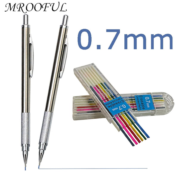 0.7mm Metal Mechanical Pencil Set 2B Colored Lead Refills School Sketch Art Painting Automatic Pencil Office Supplies Stationery