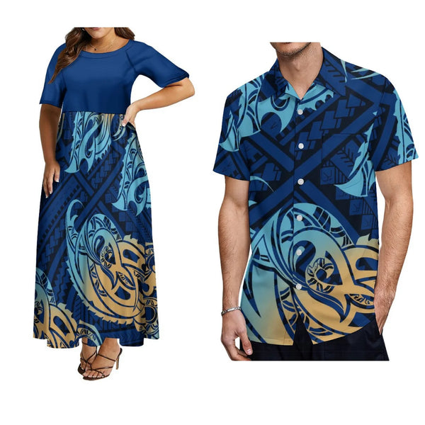 Polynesian Blue Tribal Design Couple Suits