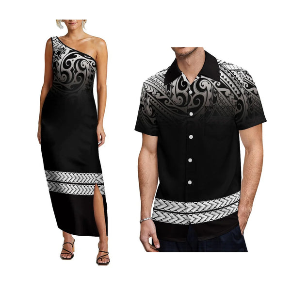 Sleeveless Slouchy Dress Sexy Split Design Samoa High Quality Men'S Shirt Polynesian Fashion Couple Set