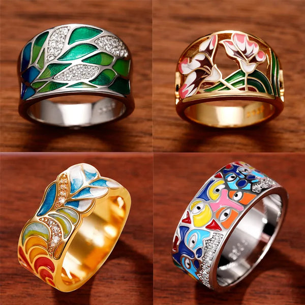 Leaf Enamel Handmade Oil Dropping Women's Ring